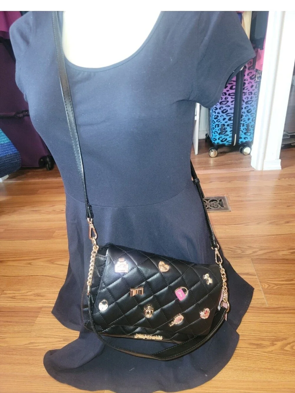 NEW NWT Juicy Couture Black Quilted Color Licorice Crossbody with Charm Accents